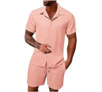 FZKun Tenues Estivales 2 Pièces Pour Hommes Pour Les Vacances - Chemises Cubaines à Manches Courtes En Coton Et Lin à Boutons Pour La Plage Hawaïenne Et Shorts Assorti De Survêtement (Rose,XL)