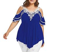 Tunique Grande Taille Pour Femmes - Appliques En Dentelle Col En V Manches Courtes Épaule Dénudée T-shirt Asymétrique Blouse Plissée à Volants Hauts Habillés Amples (XXL,Bleu)