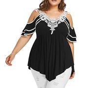 FZKun Tunique Grande Taille Pour Femmes - Appliques En Dentelle Col En V Manches Courtes Épaule Dénudée T-shirt Asymétrique Blouse Plissée à Volants Hauts Habillés Amples (L,Noir)