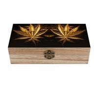 FZMVSQH Boîtes en bois naturel pour travaux manuels, motif cannabis doré, grande boîte de rangement réutilisable avec couvercle à charnière et fermoir à l'avant pour le rangement à la maison