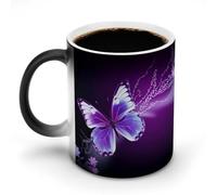 FZMVSQH Jolie tasse à café magique en forme de papillon violet à changement de couleur, tasse à café sensible à la chaleur changeante avec poignée, 325 ml, tasse amusante en céramique pour thé/latte