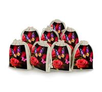 FZMVSQH Lot de 8 sacs réutilisables en mousseline de coton naturel avec cordon de serrage Motif papillon et rose Petite pochette à bijoux pour fête, mariage, sac cadeau pour épices, herbes, bonbons