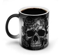 FZMVSQH Tasse à café magique avec motif tête de mort noire et rose - Tasse personnalisée à changement de couleur - Tasse à café sensible à la chaleur avec poignée - 325 ml - Tasse amusante en