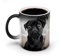 FZMVSQH Tasse à café magique en forme de chien carlin noir mignon - Tasse à café personnalisée à changement de couleur - Tasse à café sensible à la chaleur avec poignée - 325 ml - Tasse amusante en