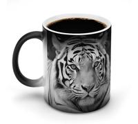 FZMVSQH Tasse à café magique en forme de tigre noir et blanc, tasse à changement de couleur, tasse à café sensible à la chaleur avec poignée, 325 ml, tasse amusante en céramique pour thé/latte/lait