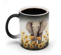 FZMVSQH Tasse à café magique en forme d'éléphant et de tournesol personnalisée à changement de couleur, tasse à café sensible à la chaleur avec poignée, 325 ml, tasse amusante en céramique pour thé