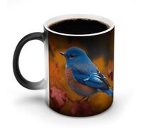 FZMVSQH Tasse à café magique personnalisée à changement de couleur avec poignée - Motif oiseau bleu et feuilles - 325 ml - Tasse amusante en céramique pour thé/latte/lait/cacao