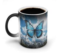 FZMVSQH Tasse à café magique personnalisée à changement de couleur avec poignée - Motif papillon bleu et nuages - 325 ml - Tasse amusante en céramique pour thé/latte/lait/cacao