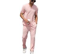 FZNHQL Survêtement tendance 2 pièces pour homme - Tenue de jogging athlétique décontractée à manches courtes et longues pour homme, A - Rose, S