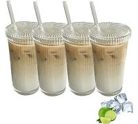 FZQBEY Verre Strié, 375ml Verre Avec Couvercle et Paille, Verrerie Côtelée, Réutilisables Verre Canette Strié Style, Transparent Verre Pour Smoothies, Thé, Cola, Cafe, Cocktails (#2X4)