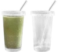 FZQBEY Verre Strié, 375ml Verre Avec Couvercle et Paille, Verrerie Côtelée, Réutilisables Verre Canette Strié Style, Transparent Verre Pour Smoothies, Thé, Cola, Cafe, Cocktails (#1X2)