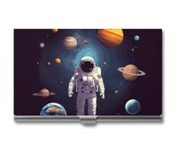 FZQVSGW Porte-cartes de visite fin en métal pour cartes de visite de cowboys à cheval pour homme ou femme, porte-monnaie professionnel, fermeture à boucle, Planètes du système solaire astronaute