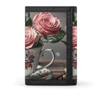 FZQVSGW Portefeuille à trois volets avec 8 emplacements pour cartes de crédit et avion de la Seconde Guerre mondiale, Tasses à thé romantiques avec roses, Taille unique, Moderne