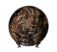 FZQVSLCM Assiette décorative verticale en porcelaine anglaise de 20,3 cm avec support de présentation, assiettes décoratives à suspendre au mur, image de léopard marron, assiette ronde pour décoration