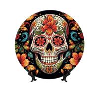 FZQVSLCM Assiette décorative verticale en porcelaine anglaise de 25,4 cm avec support de présentation murale - Assiettes décoratives colorées en forme de crâne en sucre - Assiette ronde - Artisanat