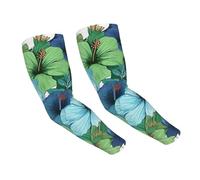 FZQVSLCM Manchons de protection solaire avec trou pour le pouce - Motif fleurs d'hibiscus vertes et bleues - Pour homme et femme