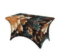 FZQVSLCM Nappe de table rectangulaire de 1,2 m pour tables rectangulaires imperméable infroissable en élasthanne, motif fleurs dorées sur table noire, nappe extensible très résistante pour fête
