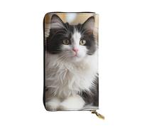 FZQVSLCM Portefeuille en cuir pour femme avec motif chaton assis, porte-monnaie long, ultra fin, porte-cartes de crédit, pochette à deux volets Blanc et noir
