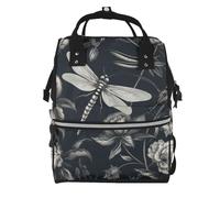 FZQVSLCM Sac à dos à langer pour femme - Grande capacité - Motif fleurs noires et libellule - Sac à dos décontracté