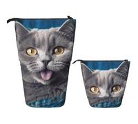 FZQVSLCM Trousse à crayons télescopique avec motif chat bleu qui sort de la langue, support pour stylos, trousse de maquillage, trousse de toilette portable pour homme et femme, fournitures de bureau