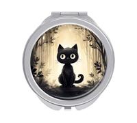 FZQVSWTX Miroir compact, miroir de maquillage de voyage, miroir de poche imprimé chat noir dessiné à la main, petit miroir pour sac à main, miroir pliable double face avec grossissement 1x/2x,