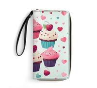 FZQVSWTX Portefeuille en cuir pour femme avec dragonne, cupcakes, bonbons, cœurs, grande capacité, pochette pour cartes de crédit, Cupcake Candy Hearts Sweet, 19.7x10.5cm