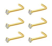 Fzroezz Lot de 6 piercings de nez en forme de L en forme de L de calibre 20 - En acier chirurgical 20 g - Pour homme et femme - 2 mm, 2,5 mm, 3 mm - Oxyde de zirconium - Or, argent, noir, Acier