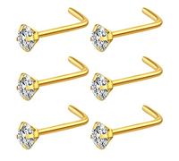 Fzroezz Lot de 6 piercings de nez en forme de L en forme de L de calibre 20 - En acier chirurgical 20 g - Pour homme et femme - 2 mm, 2,5 mm, 3 mm - Oxyde de zirconium - Or, argent, noir, Acier