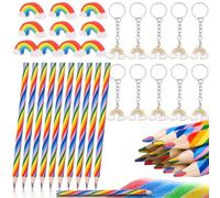 Fzyisw Lot de 36 crayons arc-en-ciel 4 en 1 pour fête d'enfants, crayons de couleur, gommes et porte-clés arc-en-ciel