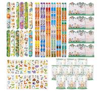 Fzyisw Lot de 54 petits cadeaux d'anniversaire pour enfants, 12 crayons d'animaux, 12 bracelets à clip, 10 tatouages d'animaux pour enfants, sacs cadeaux et cartes d'invitation pour garçons et filles