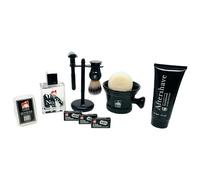 G.B.S Ensemble de rasage de 11 pièces - Double tranchant de sécurité pour rasoir de rasage, support de blaireau de rasage en bois de santal, tasse avec savon naturel et 30 recharges de lames de rasoir