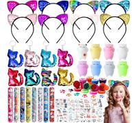 G.C Chat Cadeau Anniversaire Enfants Invites avec Serre Tête Chat et Porte Clé à Paillettes Slap Bracelet Tatouage, Chat Pinata Petit Cadeau Anniversaire Enfant Fille