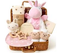 G.C Coffret Cadeau Naissance Fille avec Marionnette Licorne Couverture pour bébé Bavoir Chaussettes Antidérapantes Hochet Bois Carte, Bebe Coffret Naissance, Cadeau Baby Shower