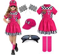 G.C Costume de pilote de voiture de course pour petite fille - 8 pièces - Robe de course rose rouge - Accessoires de voiture - Casquette de voiture - Chaussettes au genou - Lunettes de soleil