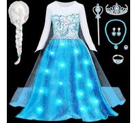 G.C LED Lumineux Robe Elsa Reine des Neiges Deguisement Princesse Fille avec Accessoires Elsa Perruque Couronne Princesse Anniversaire Enfant Déguisement Halloween Carnaval Costume (100, 2-3 Ans)