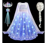 G.C LED Robe Princesse Fille Lumineux Deguisement Reine des Neiges avec Perruque Couronne Elsa Déguisement Princesse Anniversaire Carnaval Halloween Costume pour Enfant (110, 4-5 Ans)