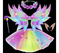 G.C Lumineux Déguisement Fée Fille LED Ailes de Fée Enfant avec Jupe Tutu Couronne de Fleurs Baguette Magique Oreilles Elfe Costume Carnaval Deguisement Halloween Noël pour Fille (Violet)