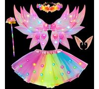 G.C Lumineux Déguisement Fée Fille LED Ailes de Fée Enfant avec Jupe Tutu Couronne de Fleurs Baguette Magique Oreilles Elfe Costume Carnaval Deguisement Halloween Noël pour Fille (Rose)