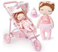 G.C Poussette Bebe Jouet Fille 3 4 5 6 Ans, Poupée Chiffon avec 55 cm Poussette Poupee Réglable Pliable Pare-Soleil Sac de Rangement, Poussette Poupon Jeu de Role Jouet Cadeau Noël Enfant Fille