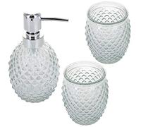 G Decor Lot de 3 accessoires de salle de bain modernes en verre transparent et chrome - Avec distributeur de savon liquide ou de lotion, porte-brosse à dents et gobelet