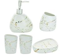 G Decor Lot de 4 Accessoires de Salle de Bain Design en céramique Effet marbre Blanc Mat et Argent, Comprend Un Distributeur de Savon Liquide ou de Lotion, Un Porte-Brosse à Dents, Un gobelet, Un