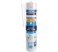 G.E.B., Silicone blanc, 310 ml, Gebsicone W, Mastic silicone avec fongicide, pour l'étanchéité des appareils sanitaires, Ne coule pas, Blanc, Pâte thixotrope, Durcissement par réticulation acétique