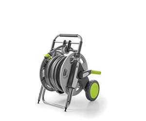 G.F. SRL, CONCEPT EASY GUIDE, dévidoir en plastique et en métal avec 30 mètres de tuyau diamètre 5/8", système de guidage du tuyau, pistolet, raccords et connecteur, Gris/Vert