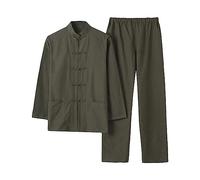 G-LIKE Costume traditionnel chinois d'arts martiaux pour homme Kung Fu Tai Chi Classique Tangzhuang Chemise Pantalon Tenue d'entraînement, Vert kaki, L