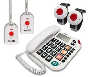 G-TELWARE MAXCOM KXT481SOS 2023-2024 Téléphone d'urgence pour personnes âgées avec émetteur SOS sans fil, téléphone fixe, 2 émetteurs bracelet + 2 émetteurs manuels avec dragonne, noir carbone,