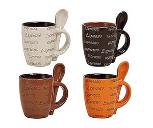 G. Wurm GmbH 4 Tasses à expresso avec 4 cuillères - 8 pièces Set Décor - Crème Marron Marron Foncé Orange en céramique qualité, 7 cm de haut / 50 ml