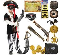 G036S Costume de pirate pour enfant garçon 12 pièces de luxe Accessoires de pirate Chapeau cache-yeux Moustache Costume de pirate Accessoires pour carnaval, Halloween et fête de pirate 4 5 6 7 8 9 10