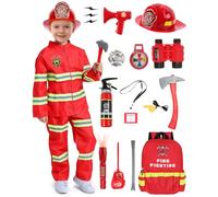 G039L Costume de Pompier pour Enfants avec 14 Accessoires - Extincteur à Eau, Casque Jouet - Carnaval, Halloween, Héros 3-12 Ans