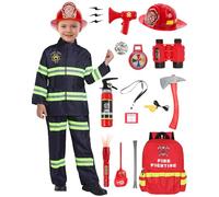 G040XXL Costume de Pompier pour Enfants avec 14 Accessoires - Extincteur à Eau, Casque Jouet - Carnaval, Halloween, Héros 3-12 Ans