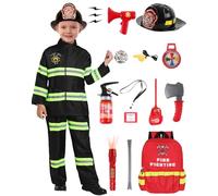 G081XL Costume de pompier pour enfant avec jouet de pompier, casque de pompier, pour cosplay, carnaval, Halloween, 9 à 10 ans